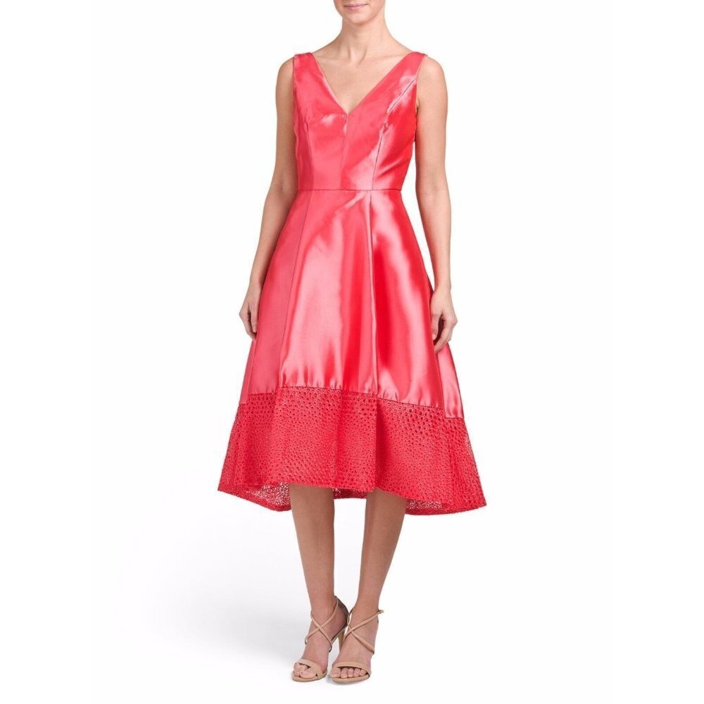 NWT ML Monique Lhuillier Mikado Melon Deep V High-Low Mesh Trim Dress 2 $698